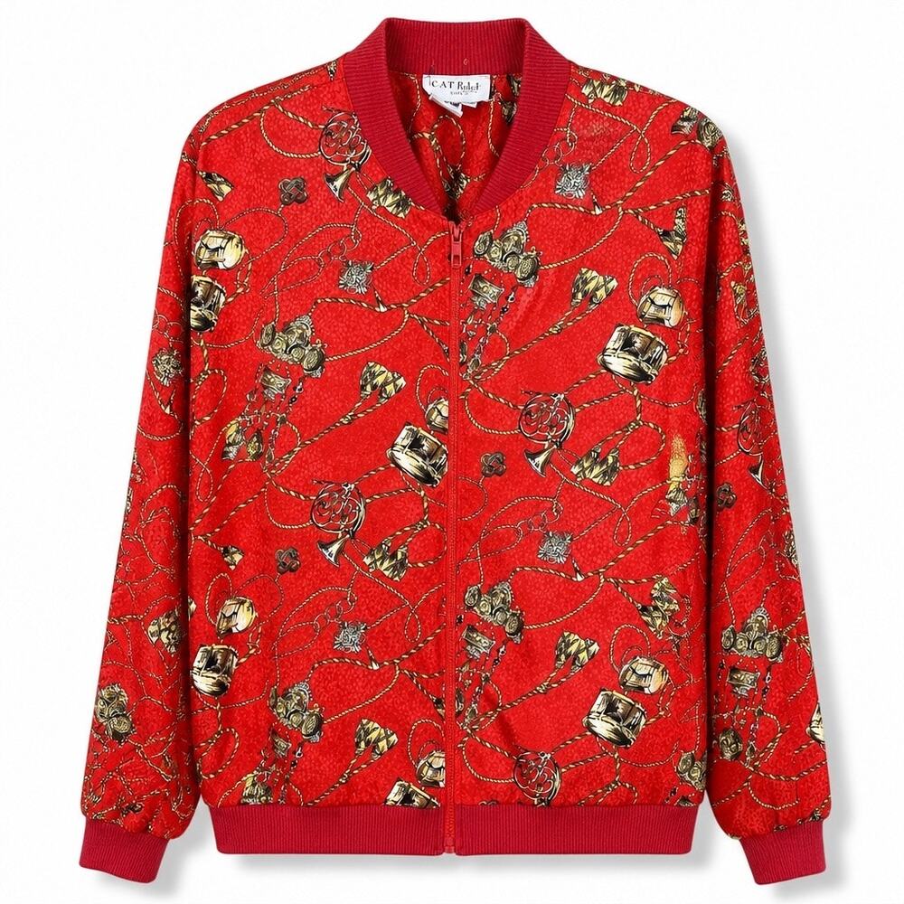 Vintage 80s Papell Too Silky Bomber Jacket Red Gold Chain Print Oversized Large